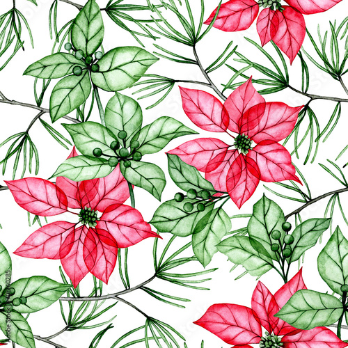 watercolor drawing, Christmas decoration seamless pattern with transparent flowers, x-ray. poinsettia flowers, holly leaves and spruce branches. Winter print for New Year, Christmas © Татьяна Гончарук