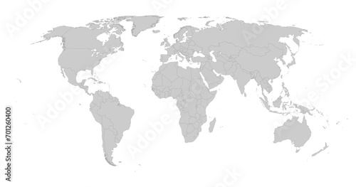 Detailed gray world map on white. Vector illustration.