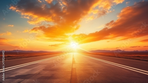 Background of dramatic sunset on empty highway road photo