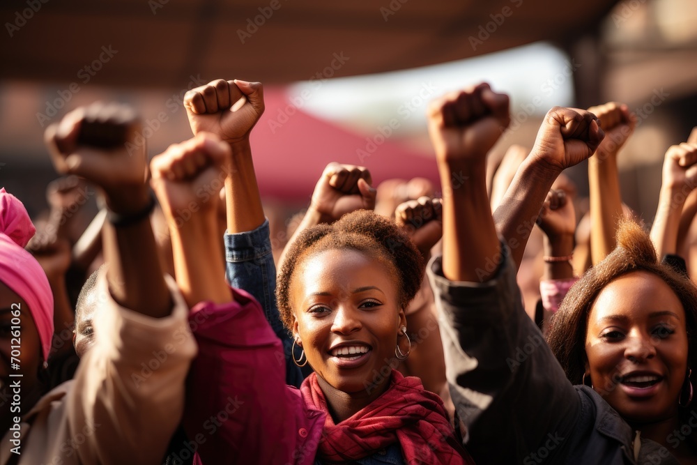 Fototapeta premium Black women with raised arms on street against