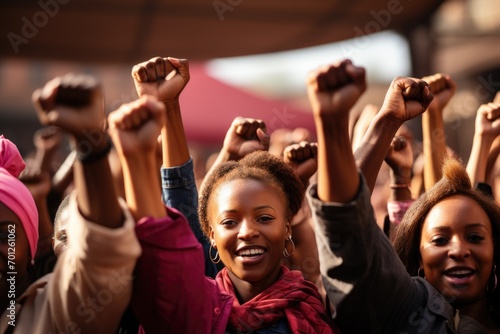 Black women with raised arms on street against