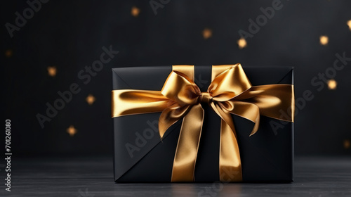 Blurry gold bow on dark black background Horizontal