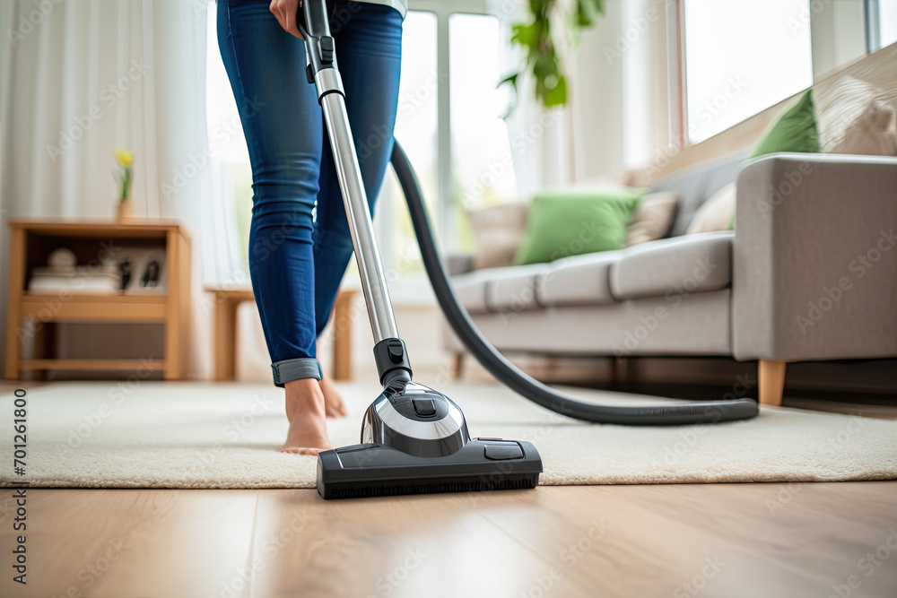 Close up photo of a woman vacuuming floor with a vacuum cleaner - obrazy, fototapety, plakaty 