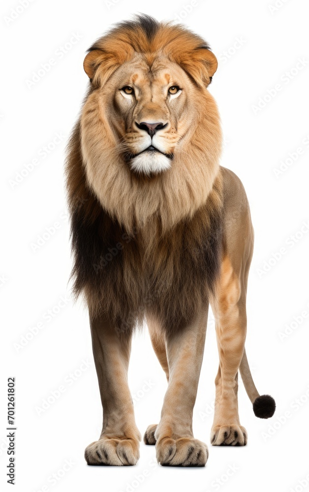 Lion standing, looking at the camera on isolated a white background.