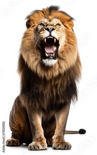 Lion sit roaring, looking at the camera on isolated white background.