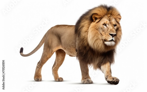Side view of a Lion walking, looking at the camera on isolated a white background.