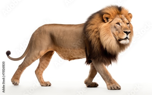 Side view of a Lion walking  looking at the camera on isolated a white background.