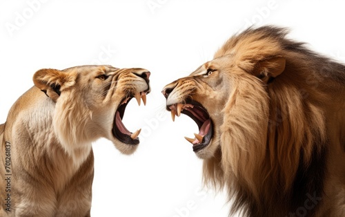 Lion and Lioness roaring at each other isolated on a white background, Close-up