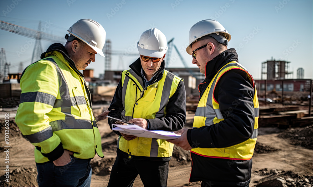 Project manager discus with engineers over the project at construction site Project manager discus with engineers over the project at construction site