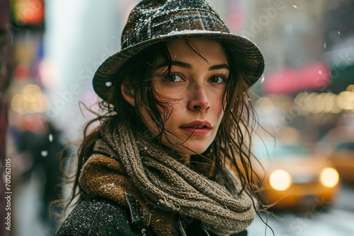 Close up photo of an girl on 5th avenue New York on a December's winter day, with fancy winter clothes photo