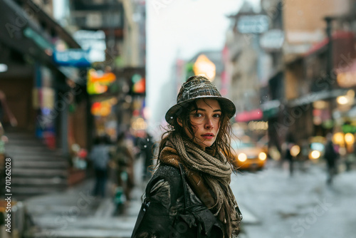 A photo of an girl on 5th avenue New York on a December's winter day, with fancy winter clothes