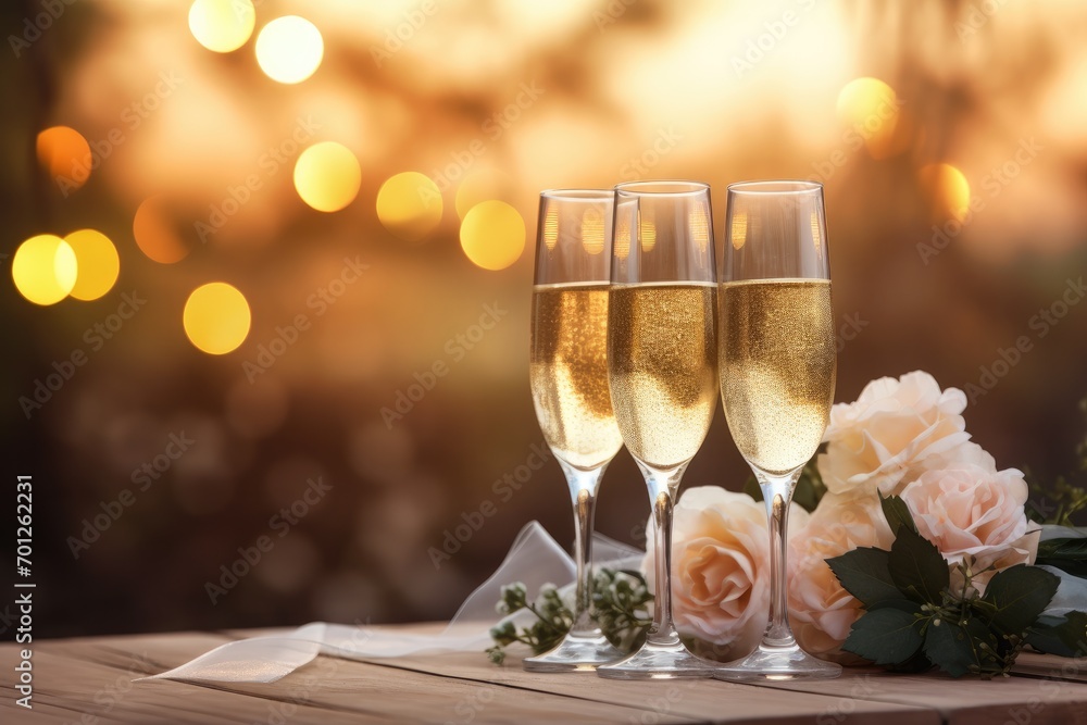 Sparkling champagne, a romantic rose, and festive decorations set the mood for a joyous celebration. Sparkling champagne, a romantic rose, and festive decorations set the mood for a joyous celebration.