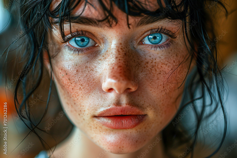 Close up photograph of a woman face with black hair and blue eyes ...