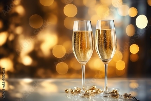 A celebration with champagne, golden lights, and bubbles, creating a festive and luxurious atmosphere.