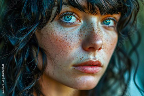 Close up photograph of a woman face with black hair, blue eyes, freckles