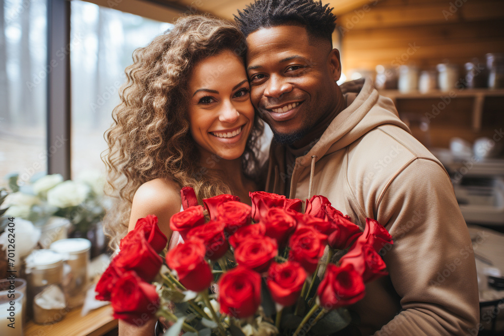 Obraz premium Close up of a husband giving his beautiful wife a great gift and red roses on Valentine's Day