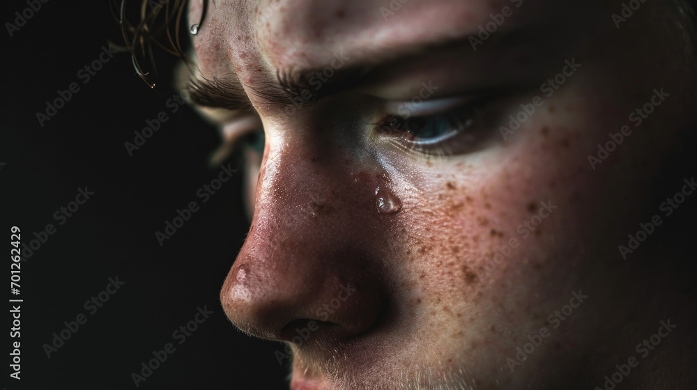 A young man is crying. The concept illustrates society's narrative that guys don't cry. A young man is crying. The concept illustrates society's narrative that guys don't cry.