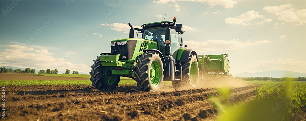 The tractor works the soil in the field with amazing background