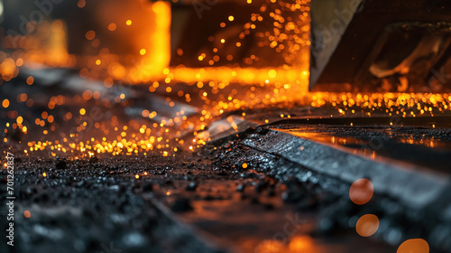 Sparks fly in industrial metalworking process.