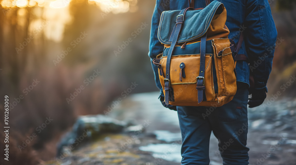 Traveler with backpack on a forest trail.