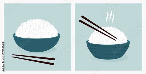 Rice bowls with chopsticks on green backgrounds vector.