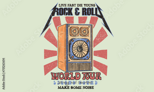 Speaker box artwork. Music world tour. Rock and roll vector graphic print design for apparel, stickers, posters, background and others. 