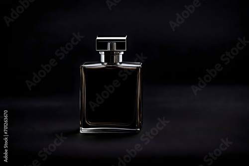 black perfume bottle template,black  satin and sliky cloth background , cosmetic branding template photo