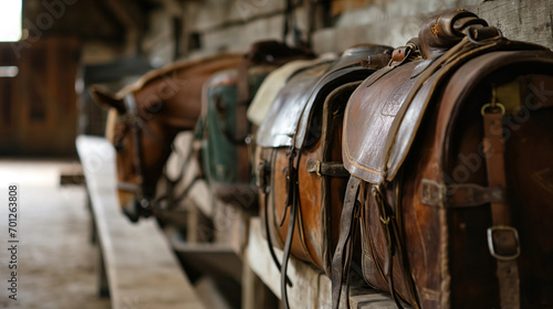 Horse saddles bags on a stable wall. photo