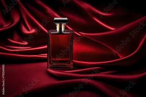 elegant perfume bottle template, satin and sliky cloth background photo