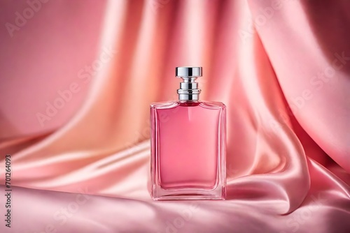 elegant pink perfume bottle template, satin and sliky cloth background photo