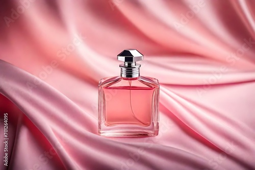 elegant pink perfume bottle template, satin and sliky cloth background photo