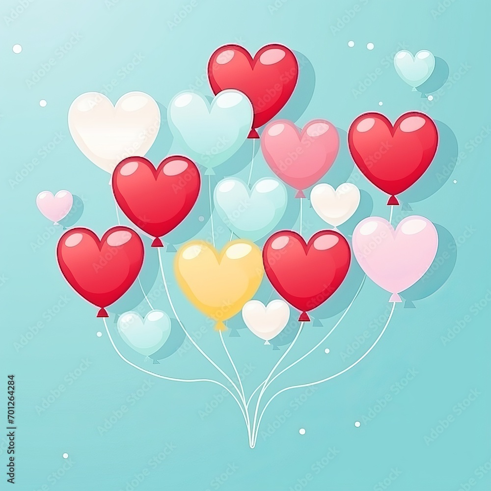 A whimsical array of pastel heart balloons floating upward, symbolizing love and celebration