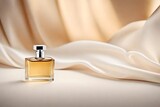 elegant perfume bottle template, satin and sliky cloth background , golden tones
