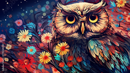 Hand drawn cartoon owl illustration among flowers 