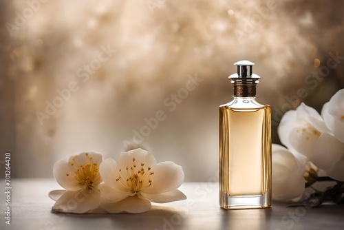 elegant perfume bottle template , white flower and subtle golden tones, blurry background