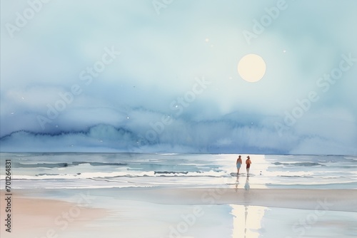 Watercolor art depicting a romantic walk on the beach, with the moon casting a soft reflection on the gentle waves
