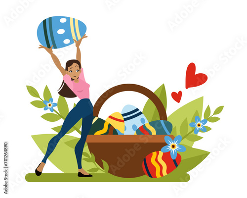 The girl is looking for colored eggs and puts them in a basket. the bright Easter holiday. Flat illustration in cartoon style