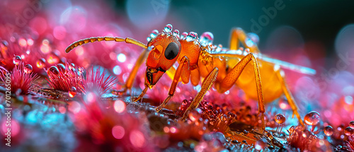 close-up image of an ant on a surface with water droplets, brilliantly highlighted with red and blue hues that create a vibrant, otherworldly scene photo