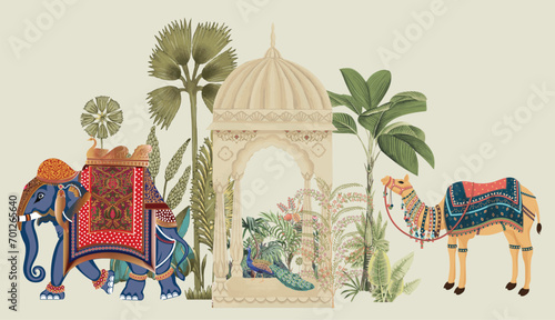 Traditional Mughal Elephant, camel caravan vector illustration photo