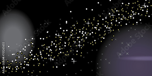 Background with falling golden glitter particles. Falling gold confetti with magic light. Beautiful light background