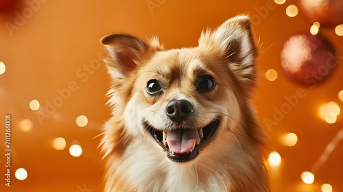 Happy cute dog portrait on orange background with festive decorations and copy space
