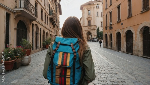 A stylish traveler with a colorful backpack strolls through an old European street, taking in the ambiance of the historic architecture around her.