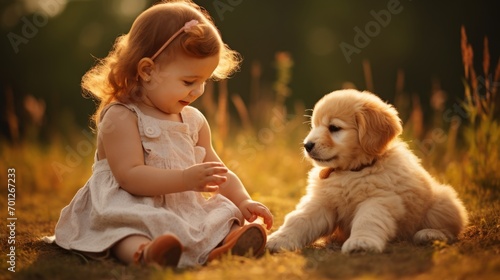 Toddler playing together with her puppy