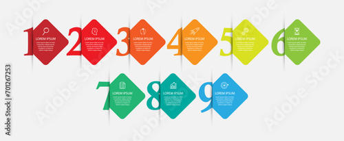 desain bisnis infografis 9 bagian atau langkah, terdapat icon, tex dan nomor, desain persegi penuh warna dengan garis warna yang saling berhubungan, untuk alur kerja diagram, banner dan bisnis anda photo