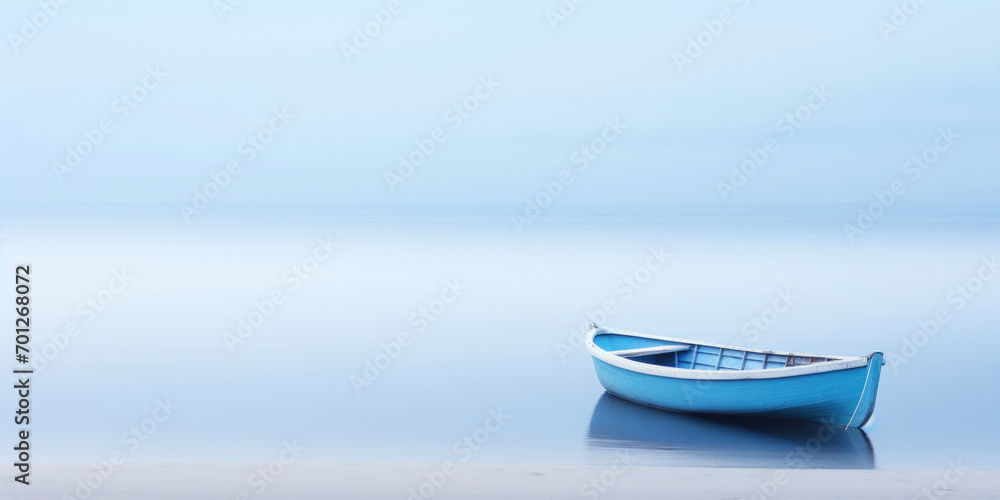 Blue boat in a calm sea waters near a beachline. Calm, tranquil landscape. Generative AI Blue boat in a calm sea waters near a beachline. Calm, tranquil landscape. Generative AI