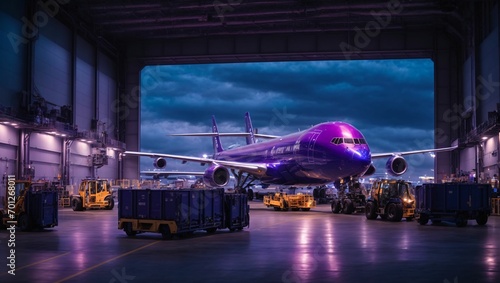 Twilight Cargo Bay: A cargo bay within an airport complex during the twilight hours. The sky is a mix of deep blues and purples, creating a mysterious ambiance. generative ai photo