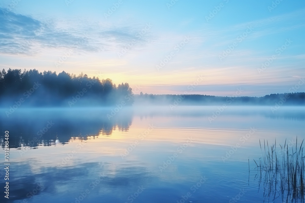 Fototapeta premium At dawn, the peaceful waters of the lake offer a silent reflection of the waking sky