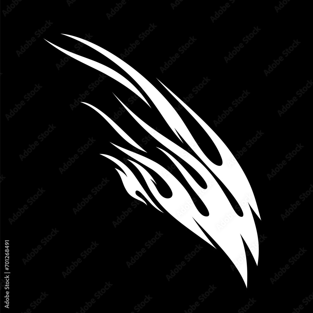 A single, stylized flame with a long, sinuous body and a wispy tip. Monochrome Illustration on a black background A single, stylized flame with a long, sinuous body and a wispy tip. Monochrome Illustration on a black background