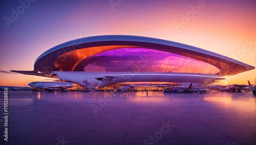 "Futuristic Airport Terminal at Sunset": An expansive airport terminal with sleek and modern architecture. The setting sun casts vibrant shades of orange and purple across the sky. generative ai