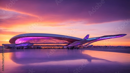 "Futuristic Airport Terminal at Sunset": An expansive airport terminal with sleek and modern architecture. The setting sun casts vibrant shades of orange and purple across the sky. generative ai